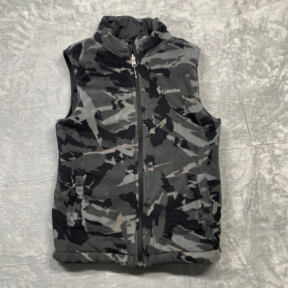 Columbia Reversible Puffer Vest Kids Large Grey Camo Black Fleece Full Zip